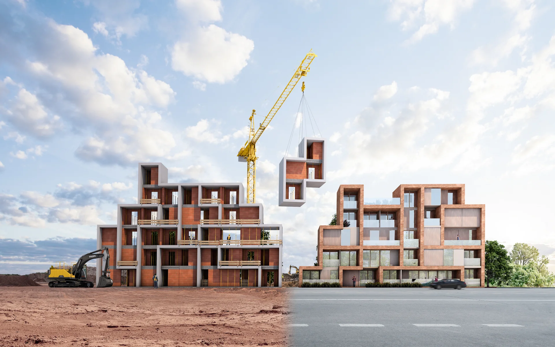 Gele torenkraan takelt een bouwblok tussen een appartementsgebouw in ruwbouw op de werf en hetzelfde gebouw afgewerkt aan de straat